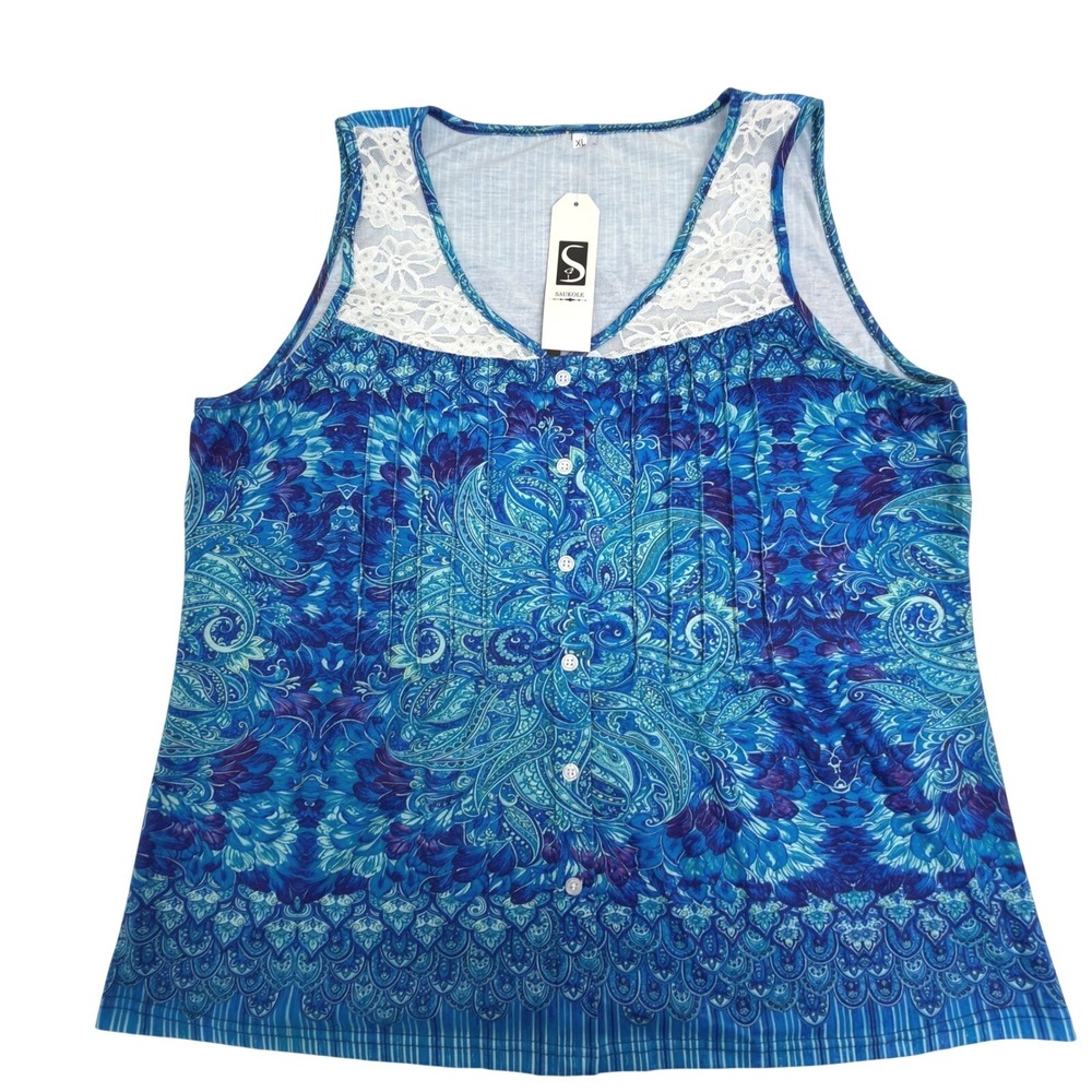 Saukole Womens XL Blue Paisley Lace Pintuck Sleeveless Button Front Tank Top NEW